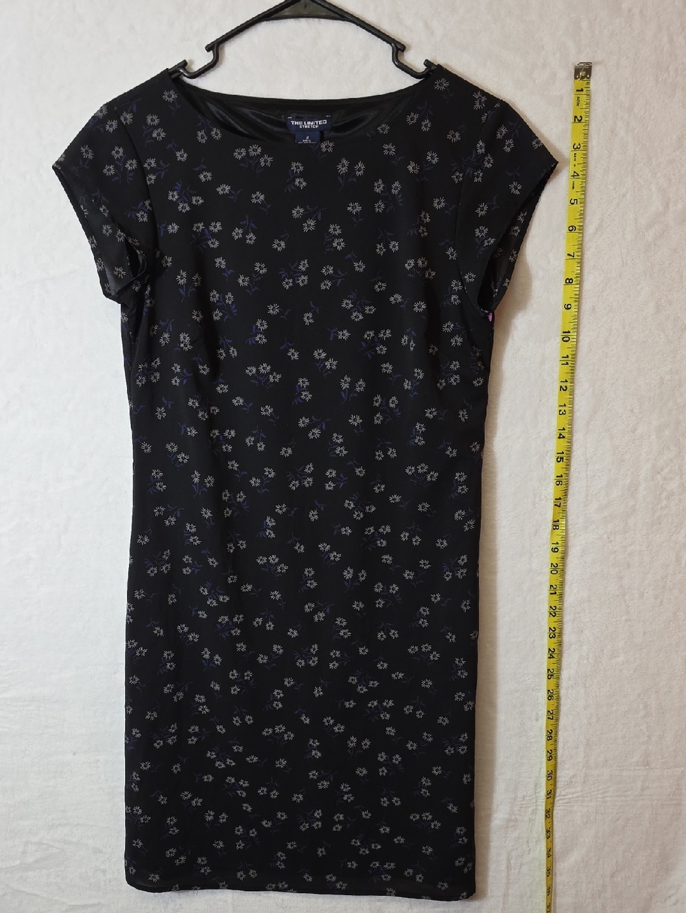 The Limited Black Midi Dress with Subtle Blue-Gray Floral Print